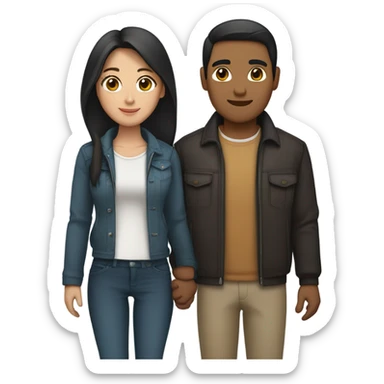 a couple holding hands. the guy has black middle part hair and is Persian and Filipino mix, wearing a jacket. the girl has brown medium length hair white and asian mix, wearing a crop top. sticker
