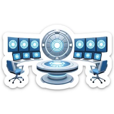 A futuristic workspace powered by an arc reactor, glowing blue and white, with holographic screens displaying creative content. Dynamic, high-tech, and inspired by Iron Man. sticker