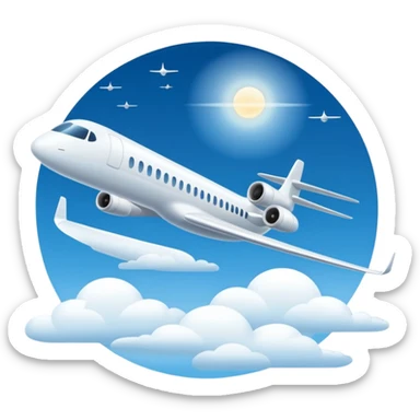 A sleek commercial airplane with long wings and shining white fuselage gliding smoothly through the sky. sticker