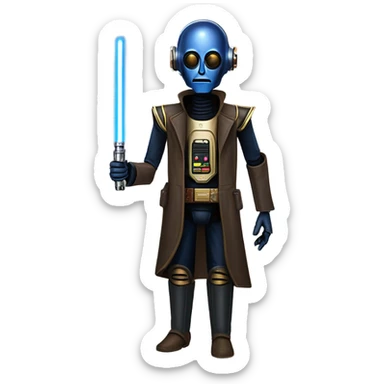 well-equipped jedi first order human-sized darkblue-pearl C3po as a friendly bounty hunter droid wearing a leather attire old west duster coat holding light saber ready  sticker