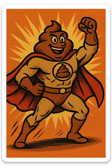 poop man superhero, heroic pose, cartoon style, bold comic illustration sticker