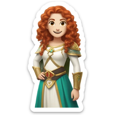 a white girl with long red curly hair and freckles, cosplaying Princess Zelda posing and smiling sticker
