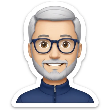 Smiling man with light skin, short black hair, gray beard, black glasses, wearing a navy blue athletic zip-neck long sleeve shirt sticker