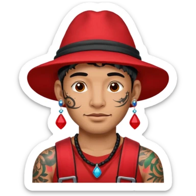 unique looking tourist with big unique red tourist hat and earrings, man with lots of tattoes sticker