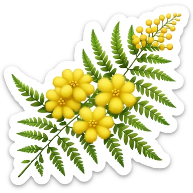 Cinematic Realistic Acacia Emoji, Bright and cheerful, with clusters of fluffy yellow flowers blooming along delicate branches. The wattle’s soft, fern-like leaves sway in the breeze, radiating a sense of warmth and joy. Soft glowing outline, capturing the essence of Australian sunshine, warmth, and beauty in a vibrant acacia tree! sticker