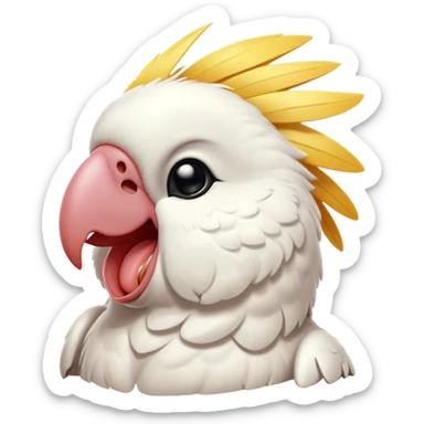 Cinematic Cute Yawning Cockatoo Portrait Emoji, Head tilted slightly with a dramatic, wide-open yawn, showcasing a plump, feathered body with a softly drooping crest and sleepy, half-closed eyes, Simplified yet irresistibly adorable features, highly detailed, glowing with a soft, cozy tropical glow, high shine, relaxed yet expressive, stylized with a dash of whimsical avian charm, soft glowing outline, capturing the essence of a drowsy yet affectionate cockatoo that appears ready to stretch out and yawn its way off the screen! sticker