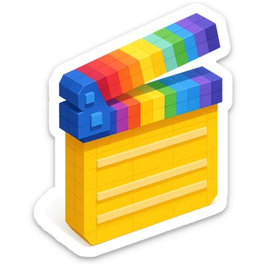 voxel style movie clapperboard with rainbow stripes, isometric view sticker