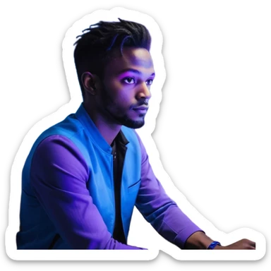 Développeur homme noir, dans un espace de coworking moderne, lumière néon bleue et violette, reflet sur son visage concentré, code affiché sur plusieurs écrans, légère profondeur de champ, ambiance professionnelle, style cinématique 4K, détails précis, peau naturelle, contraste fort. sticker