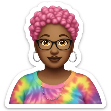 Plus size black woman with pink curly pixie cut hair and a rainbow tie dye sweater  sticker