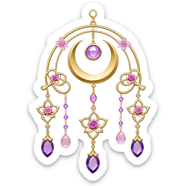 Epic beautiful gorgeous cute gold suncatcher, threads with shiny sparkly amethyst and rose-quartz gemstones, flowers, crescents-moons sticker