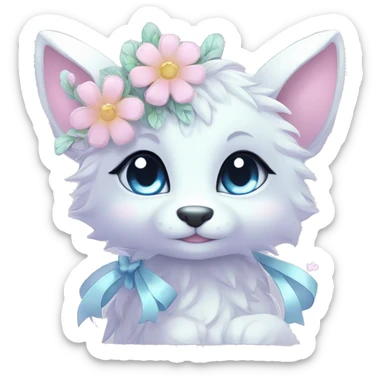 Anthro Cute Cool Blushing Pastel Innocent Shy Kawaii gorgeous sparkly ethereal fantasy animal creature with blue eyes furry sona with flowers and ribbons beautiful aesthetic sticker