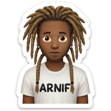 black guy wearing a white shirt saying ARNF in black text in the middle chest while having dreads sticker