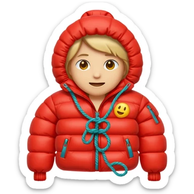 emoji dressing a down jacket, with ropes around it sticker