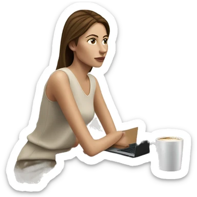 Side view realistic posh brown straight haired pale woman sits at the coffee table sticker