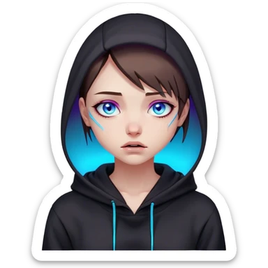 a girl with a brown bob and blue eyes in a black hoodie is crying Cyberpunk style. Violet neon. sticker