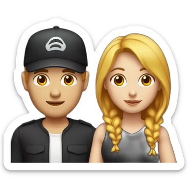 couple blond man with black cap and white shirt, woman with medium red hair shirt with neckline sticker