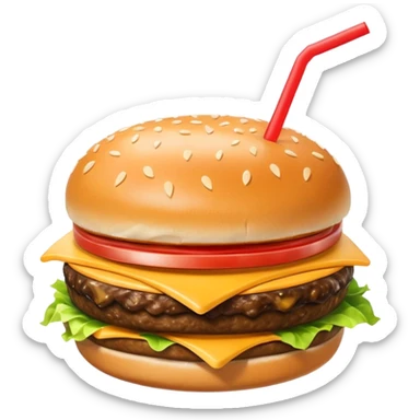 i want a Cheeseburger and Fries with a angle to 15–20° gentle bird’s-eye angle with a cold drink with ice cube with straw with some fries thicker like McDonald's french fries sticker