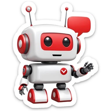 A cute 3D robot mascot icon with YouTube-style play button eyes and a speech bubble, red and white color scheme, friendly and approachable design, perfect for AI chat interface sticker
