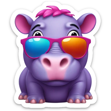 Purple hippo with pink ears, red tail and tiger stripe sunglasses sticker