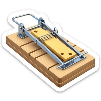 A 3D emoji in iOS emoji aesthetic style of a classic mousetrap without cheese, showing a wooden base and metal spring mechanism, clean minimal design, bright lighting, glossy Apple-style look, white background. sticker