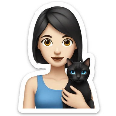Pale woman with black hair and blue eyes holding a tabby cat sticker
