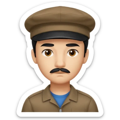 Gere um menino de cabelos preto e boné pro lado com feição séria e bigode fino sticker