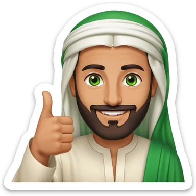 Tanned Arab Saudi man with green eyes and a beard, wearing traditional attire, smiling and giving a big thumbs-up sticker