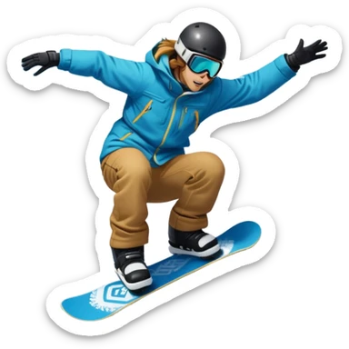 An icon featuring a snowboarder mid-jump, performing a stylish trick above a snowy mountain slope. The background showcases powdery snow, evergreen trees, and a bright blue sky. Transparent background captures the energy, skill, and thrill of snowboarding. sticker
