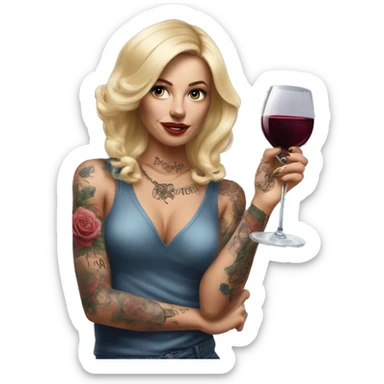 Blonde elegant women, her body covered with tattoos, wine in her one hand, pointing on you with her other hand , Hyper realistic sticker