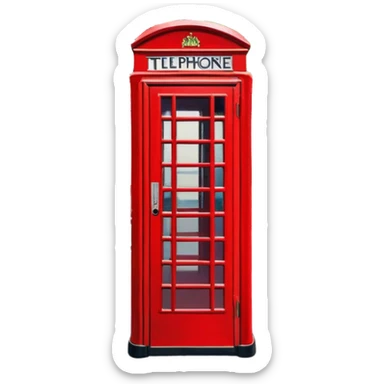 Cinematic Realistic depiction of an iconic red telephone box, rendered in vivid, saturated colors with detailed textures and reflective surfaces, set on a classic English street under soft, diffused daylight sticker