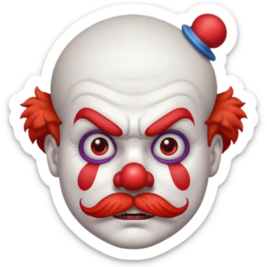 Angry clown — furrowed brow, mustache, tiny hat. sticker