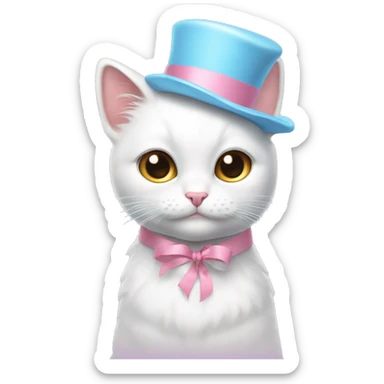 Hot and dizzy white cat wearing a sky blue ribbon on her head, and her chick is pink sticker