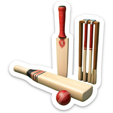 A cricket bat and ball resting on a well-manicured pitch, with the stumps and bails in the background. The scene emphasizes the traditional elements of the game, with the bat poised for a shot and the field reflecting a calm, competitive atmosphere. sticker