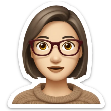 a young pretty asian woman, light brown short hair, brown eyes, dark red knit sweater, textured bob, asian,glasses, pretty eyelashes,pale skin sticker