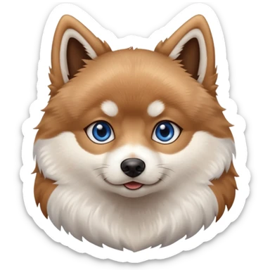 A Brown, light tan and white pomsky with one brown eye and one blue eye sticker