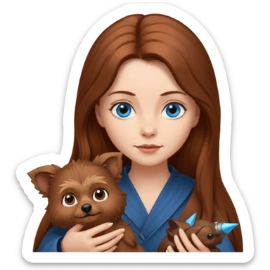 long hair chestnut color blue eyes woman holding small pointy ear ewok dog sticker