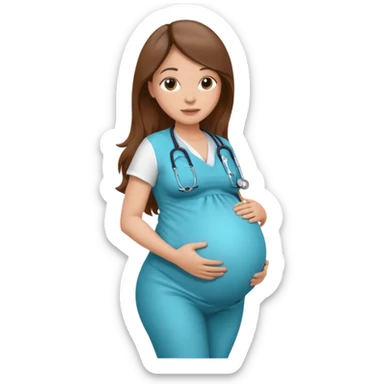 A pregnant woman with long brown hair belly with a stethoscope sticker