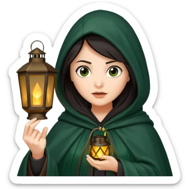 traitor tv show, dark haired woman wearing dark green cloak with hood up who looks very evil and is holding up a lantern sticker