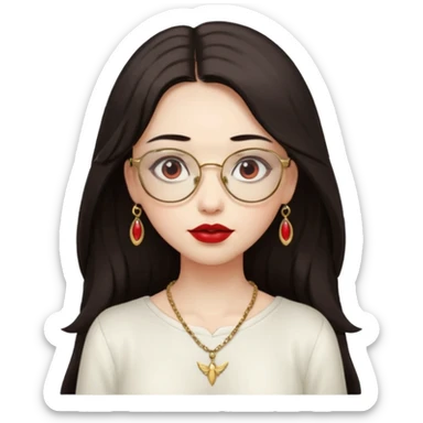 Angel girl with eyeglasses and long dark hair with red lipstick  and push gold necklaces and dark eyes sticker