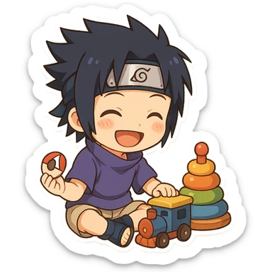 Kid Sasuke, playing with toys with a bright smile, adorable chibi sticker, innocent version of Sasuke sticker