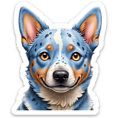 Cinematic Cute Blue Speckle Australian Cattle Dog Portrait Emoji, Head tilted playfully and inquisitively, featuring a vibrant blue speckle Fur with dynamic patterns, round, sparkling blue eyes filled with curiosity, Simplified yet irresistibly adorable features, highly detailed, glowing with a warm, friendly glow, high shine, affectionate and energetic, stylized with a touch of whimsy, bright and endearing, soft glowing outline, capturing the essence of a mischievous yet loving pup, so playful it feels like it could bound out of the screen and into your arms! sticker