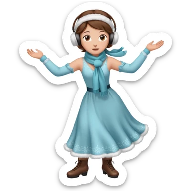 Victorian ice skater in a long dress. She is wearimg a scarf and earmuffs. She has boriwn hair. sticker