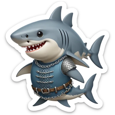 Anthropomorphic shark without head fins, wearing a gambeson and chainmail coif with messy black hair smiling sticker