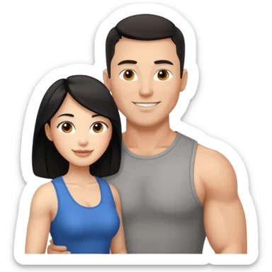 white dad with short buzzed fade brunette, 35 years old and muscular. standing net to asian whife with long black hair and big brown eyes.   sticker