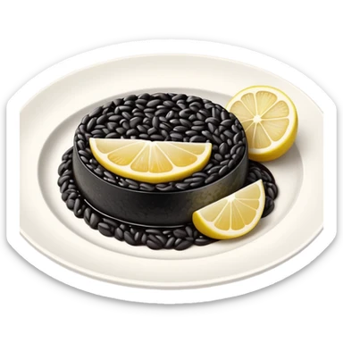 cinematic-realistic-black-risotto-dish,-showcasing-dramatic-lighting in a white plate with a single slice of grilled lemon on top sticker