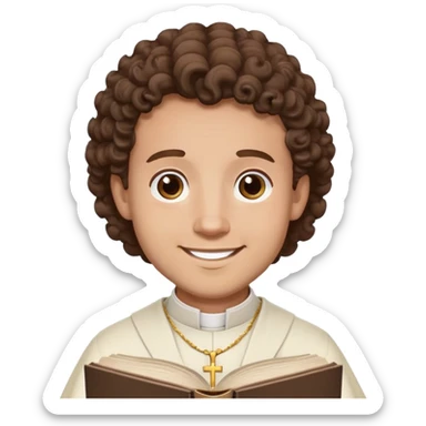 male priest with brown curls looking at bible and smiling sticker