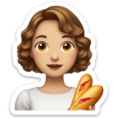 a french girl with brown mid-length wavy bob cut hair and brown eyes holding a baguette with an emoji heart,  sticker