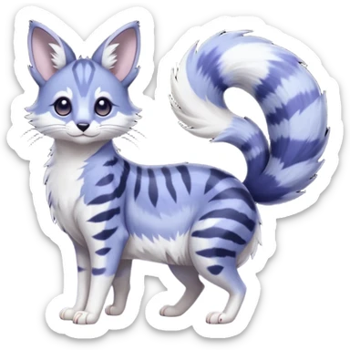  dull-colored gloomy-dark-deep-grayish-indigo-violet-gradients ghostly spectral spooky fur with random dark markings beautiful elegant pretty precious cute  Fakémon-Pokémon-opossum-feline-serval-caracal-chinchilla-Minccino-hybrid-creature with a big fluffy bushy striped tail (full body) sticker