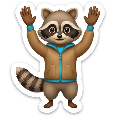 a full body raccoon celebrating hands up wearing fun outfit sticker