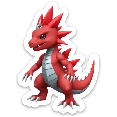 A 3D CGI model of a red-colored edgy kawaii Guilmon-Axew-Tyrantraum-Larvitar-Fakémon-Pokémon-Digimon-creature (full body) sticker